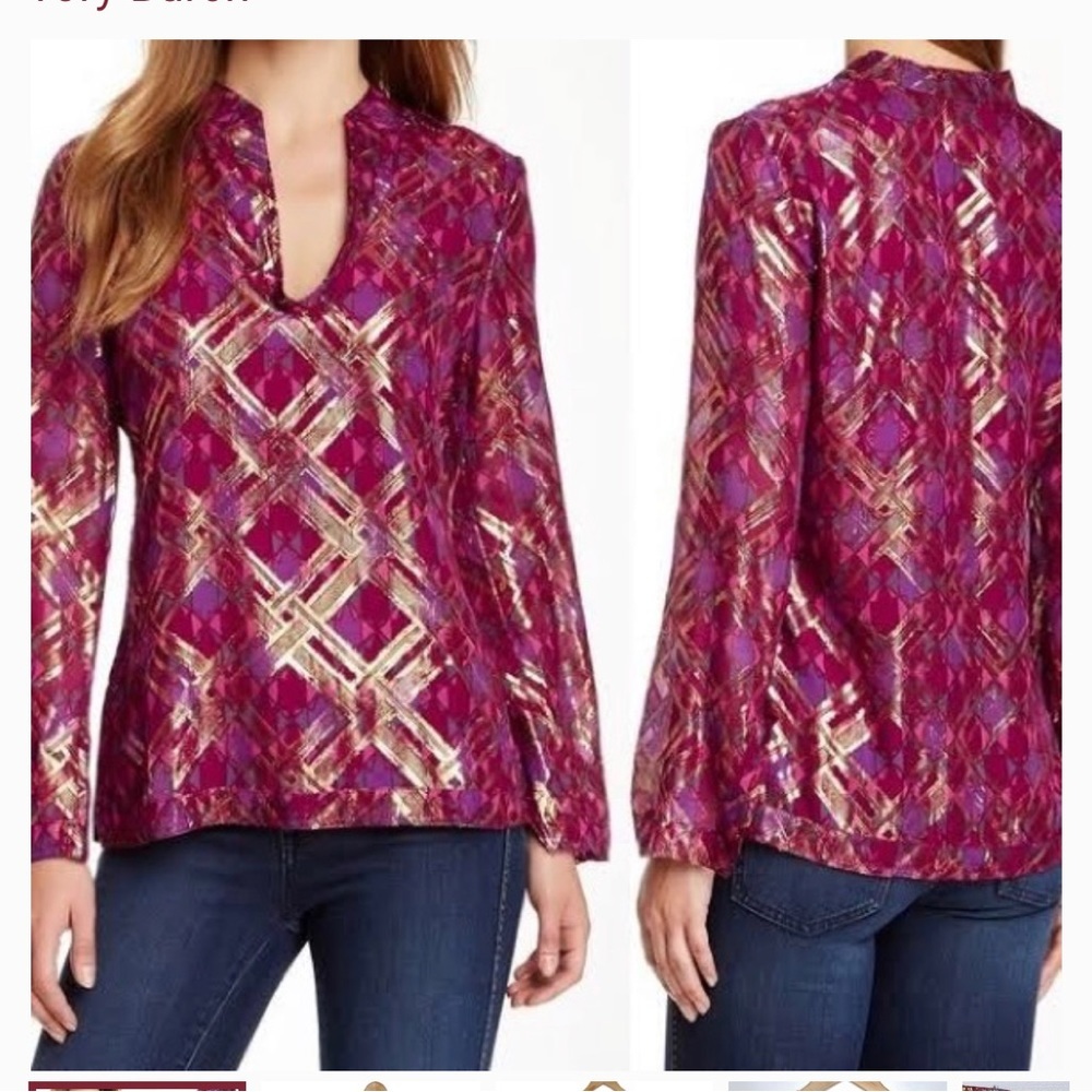 Tory Burch - Pink & Metallic Gold Print Silk long sleeve Blouse